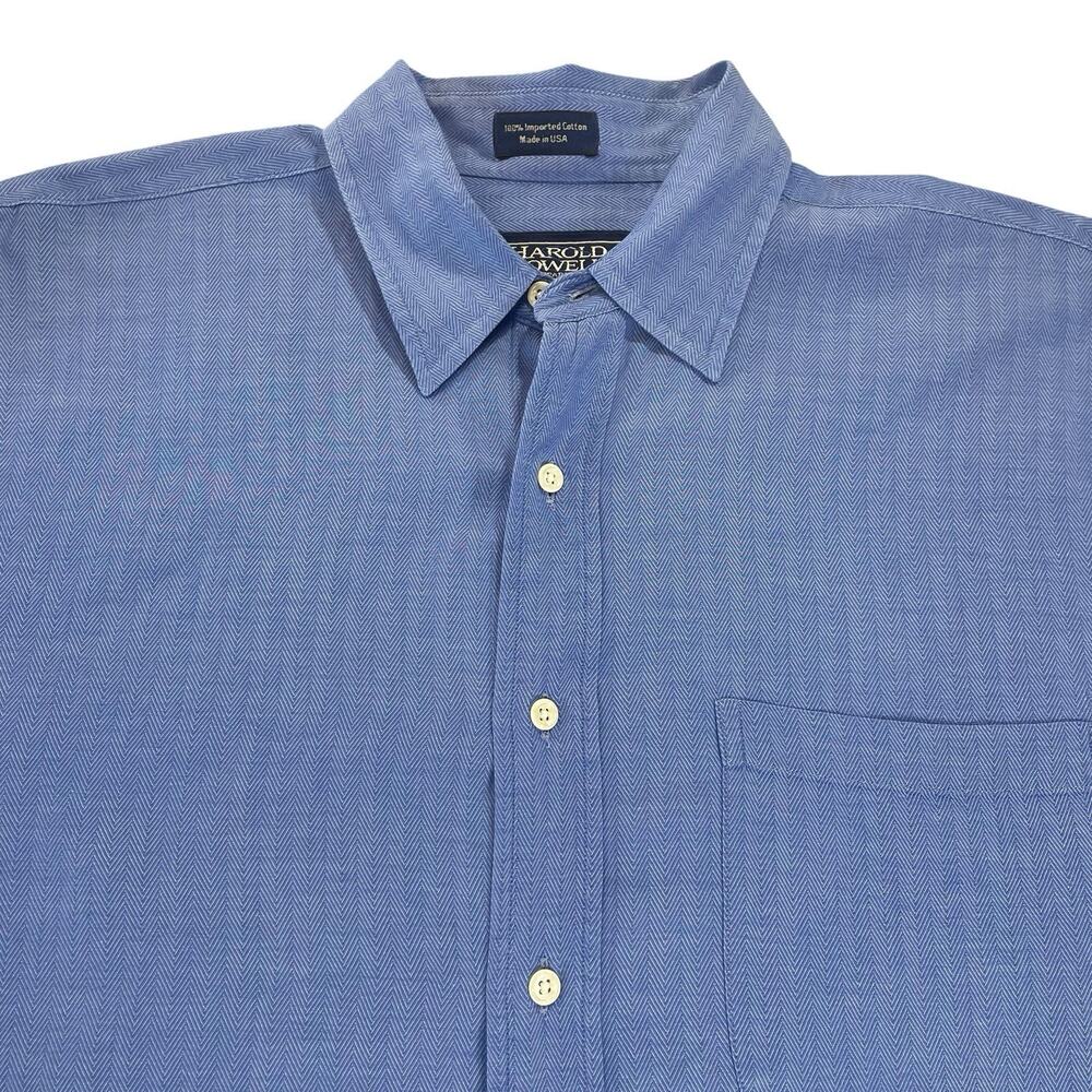 Vintage Harold Powell Button Up Shirt Men's L Blue Herringbone Weave Made In USA